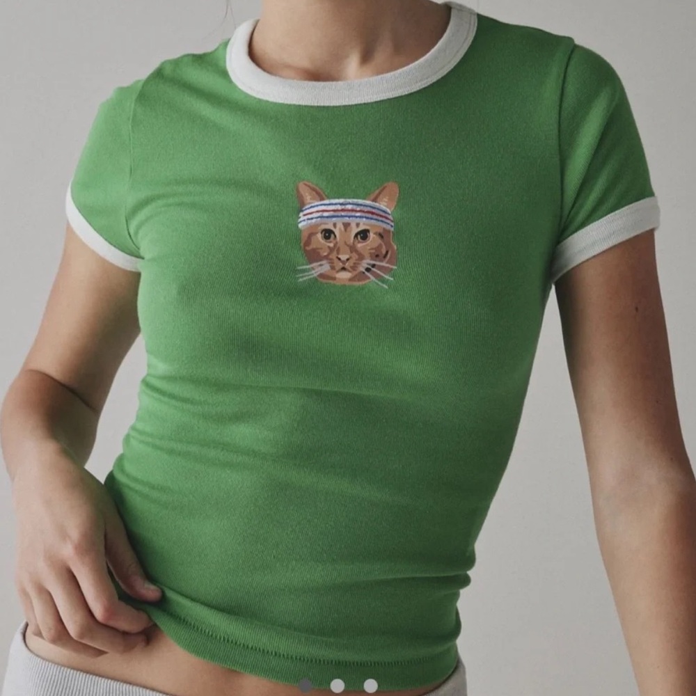 BDG Too Perfect Workout Cat Ringer Baby Tee Green Extra Large